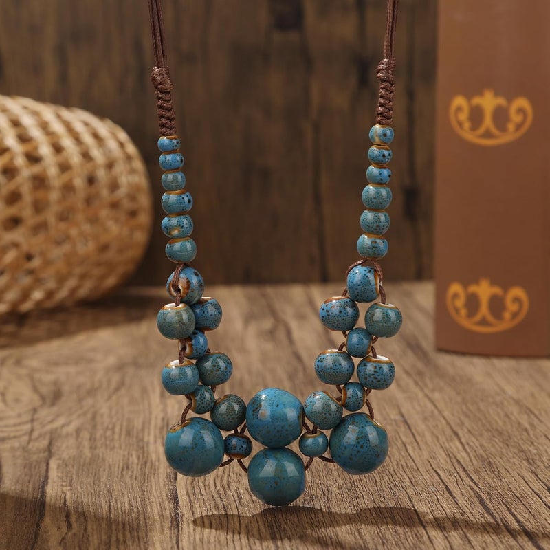 DS Boho Beaded Necklace for Women–Colorful Ceramic & African Tribal Beads, Adjustable Long Chunky Bohemian Jewelry with Gift Box Packaging,Hippie Witchy Vintage Handmade Fashion Statement Necklace - Image 3